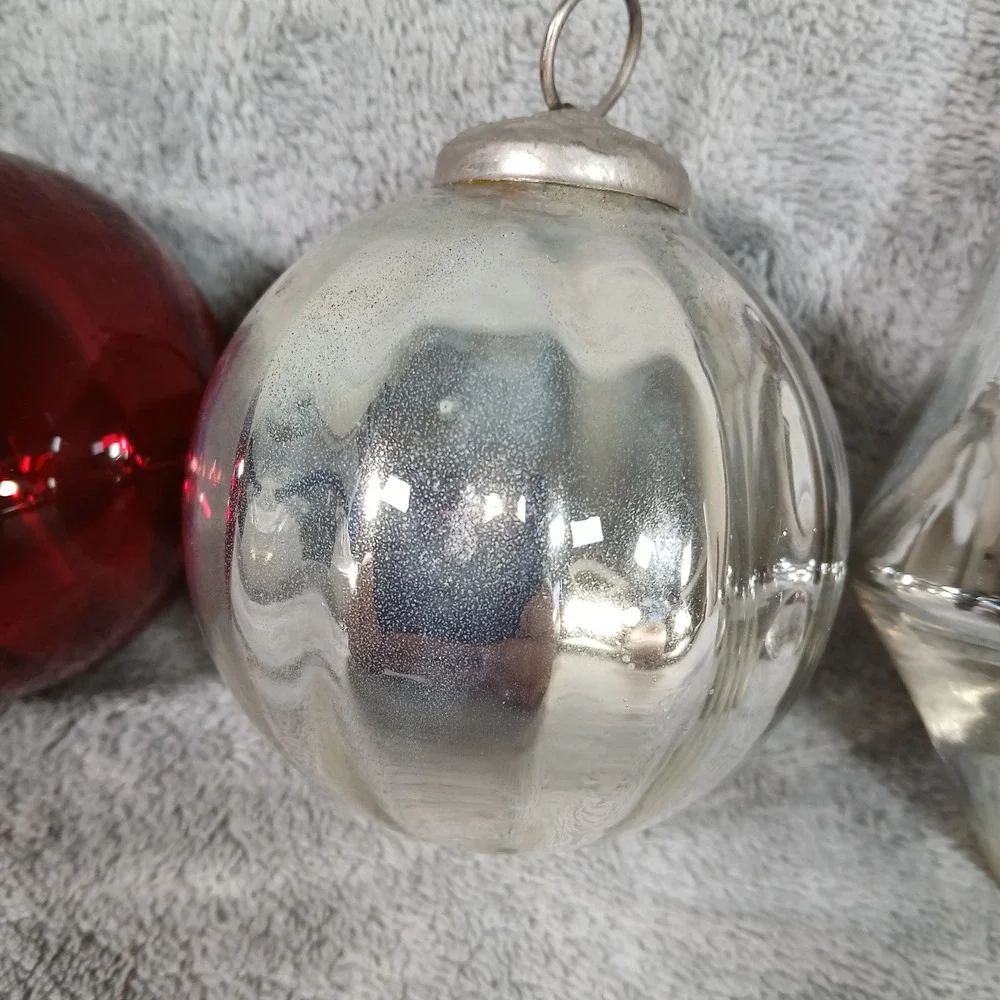 Mercury Glass Christmas Ornaments Kugel Style Crackle Red Silver Vintage 1950s